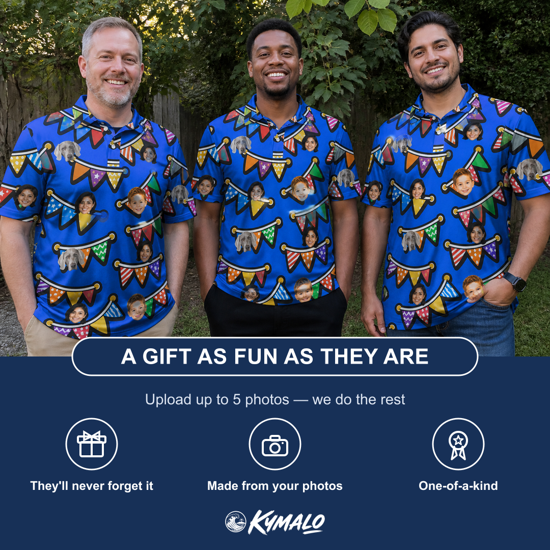 Friends in matching Men's Tipsy Tassels Custom Face Polo Shirt — a group gift photo