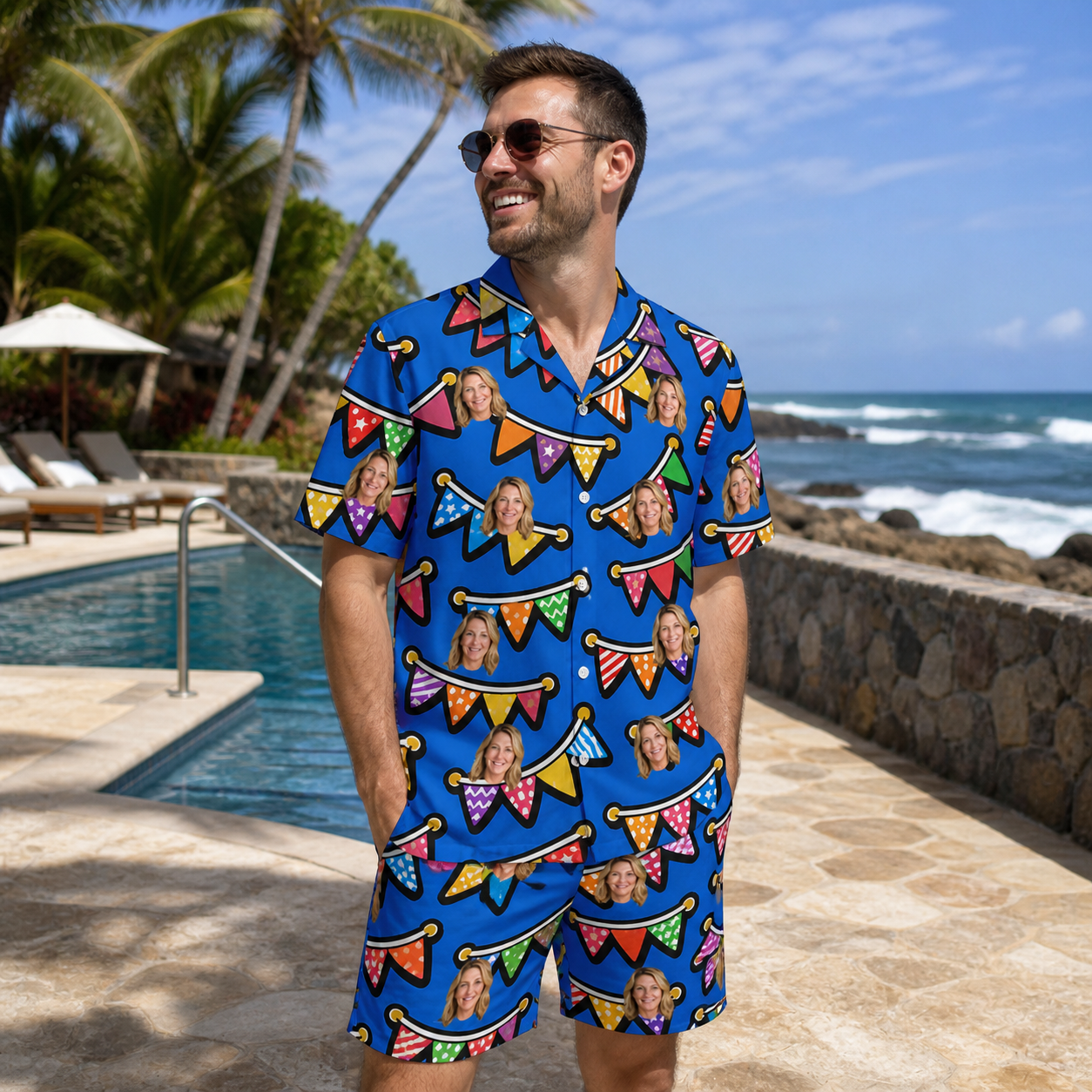 Real-life photo of someone wearing Men's Tipsy Tassels Custom Face Shirt & Shorts Set — custom faces printed all-over