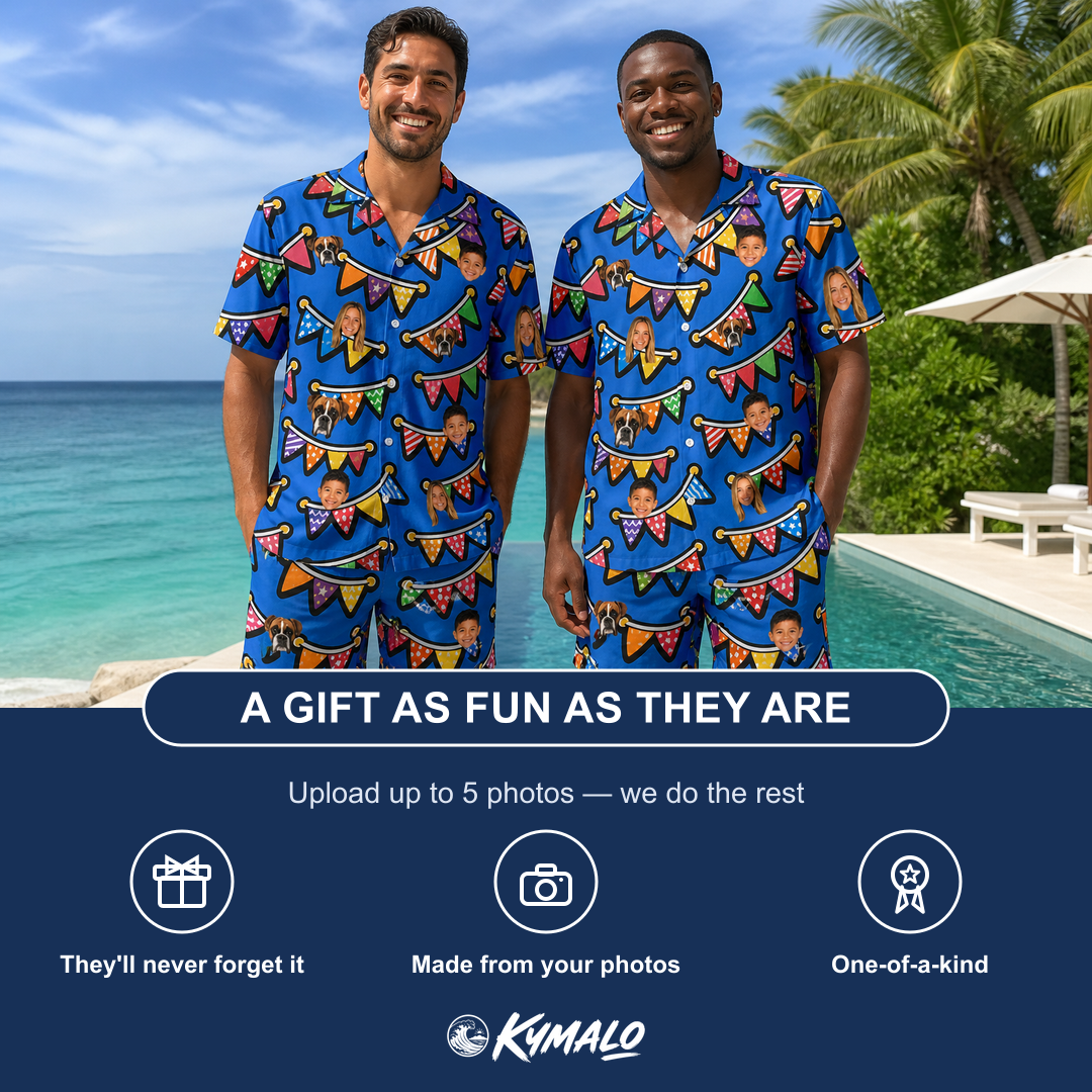 Friends in matching Men's Tipsy Tassels Custom Face Shirt & Shorts Set — a group gift photo