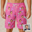 Man wearing Men's Prosecco Pizzazz Custom Face Beach Shorts — custom faces printed all-over