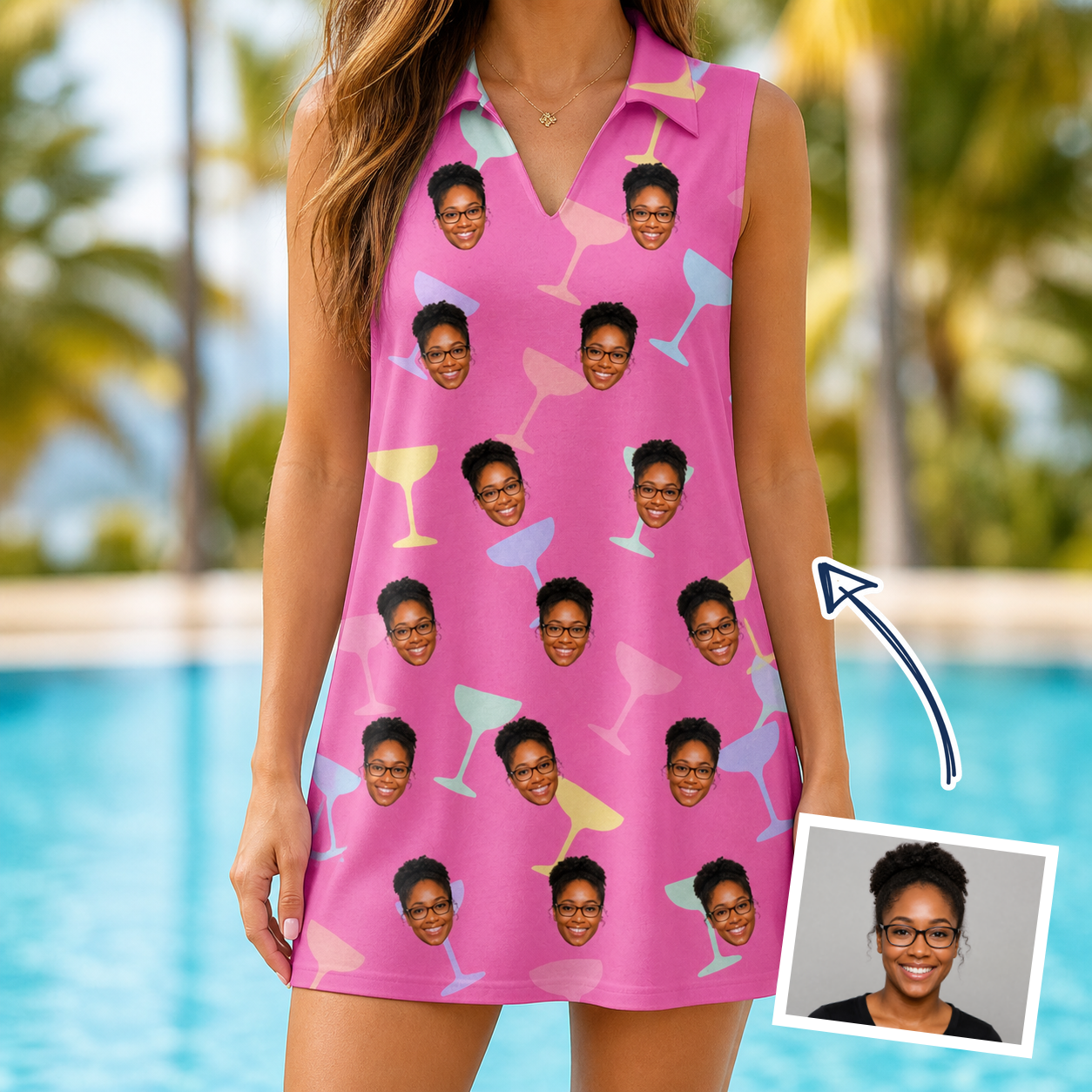 Woman wearing Women's Prosecco Pizzazz Custom Face V-Neck Dress — custom faces printed all-over