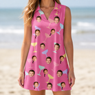 Model wearing Women's Prosecco Pizzazz Custom Face V-Neck Dress printed with kids' faces