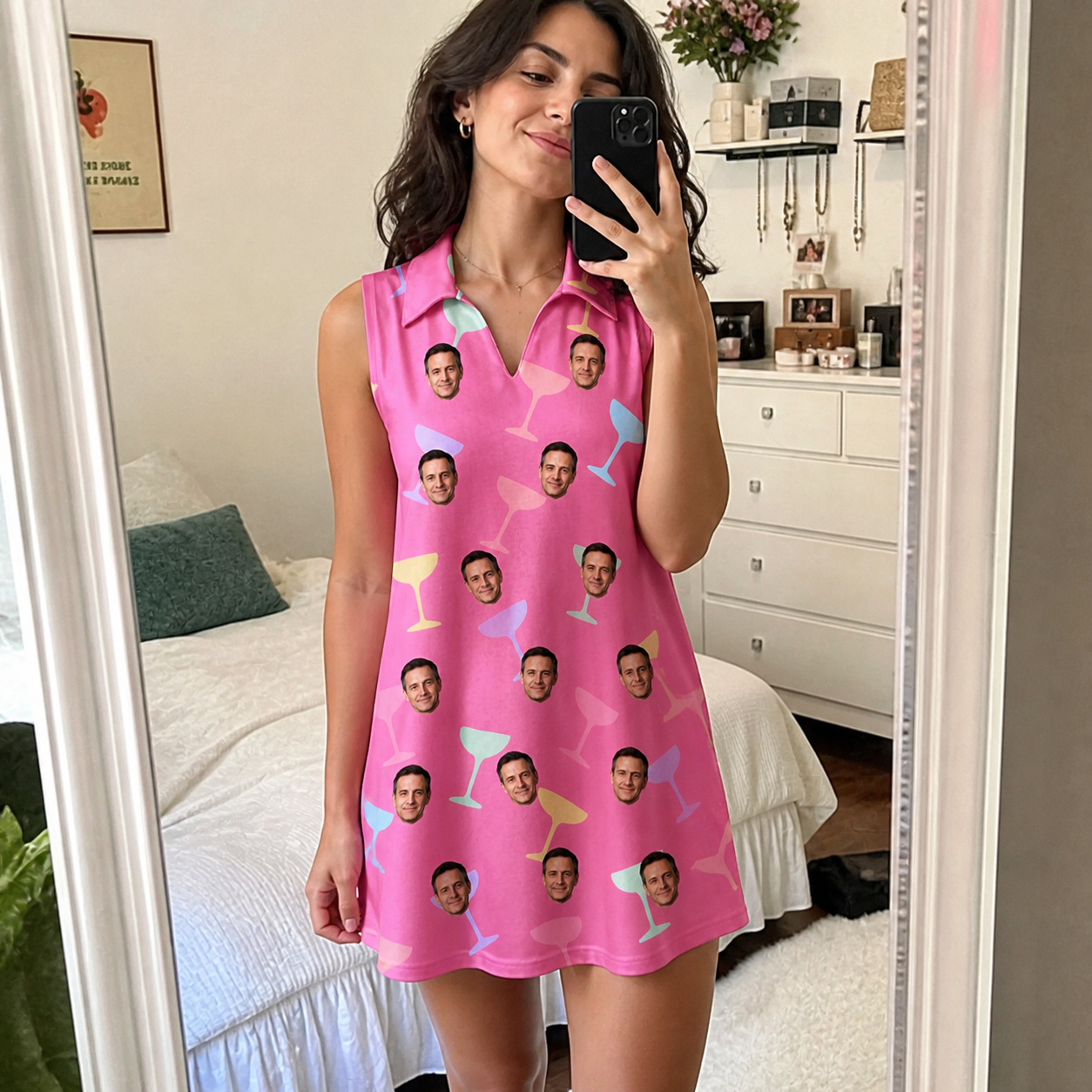 Real-life photo of someone wearing Women's Prosecco Pizzazz Custom Face V-Neck Dress — custom faces printed all-over