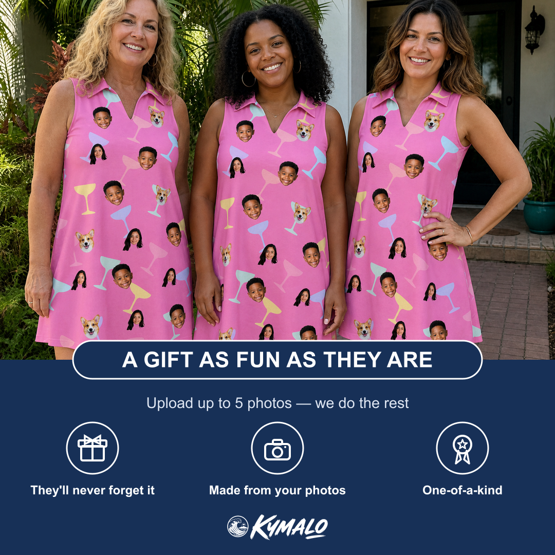 Friends in matching Women's Prosecco Pizzazz Custom Face V-Neck Dress — a group gift photo