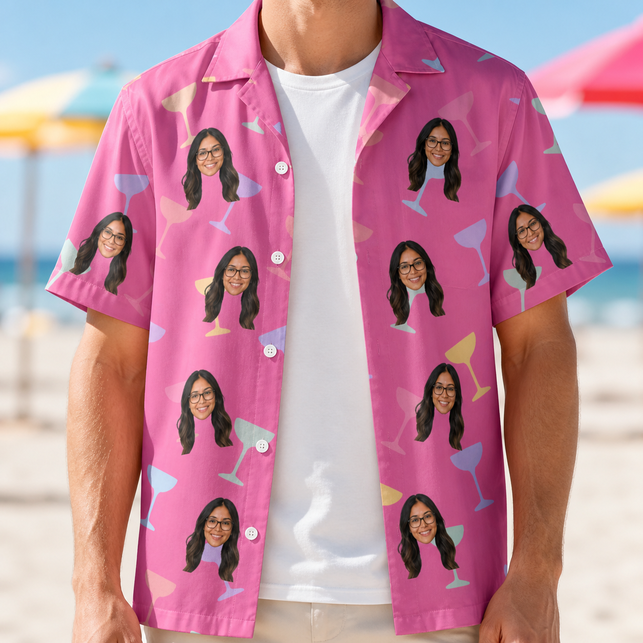 Man wearing Men's Prosecco Pizzazz Custom Face Hawaiian Shirt open over a white tee