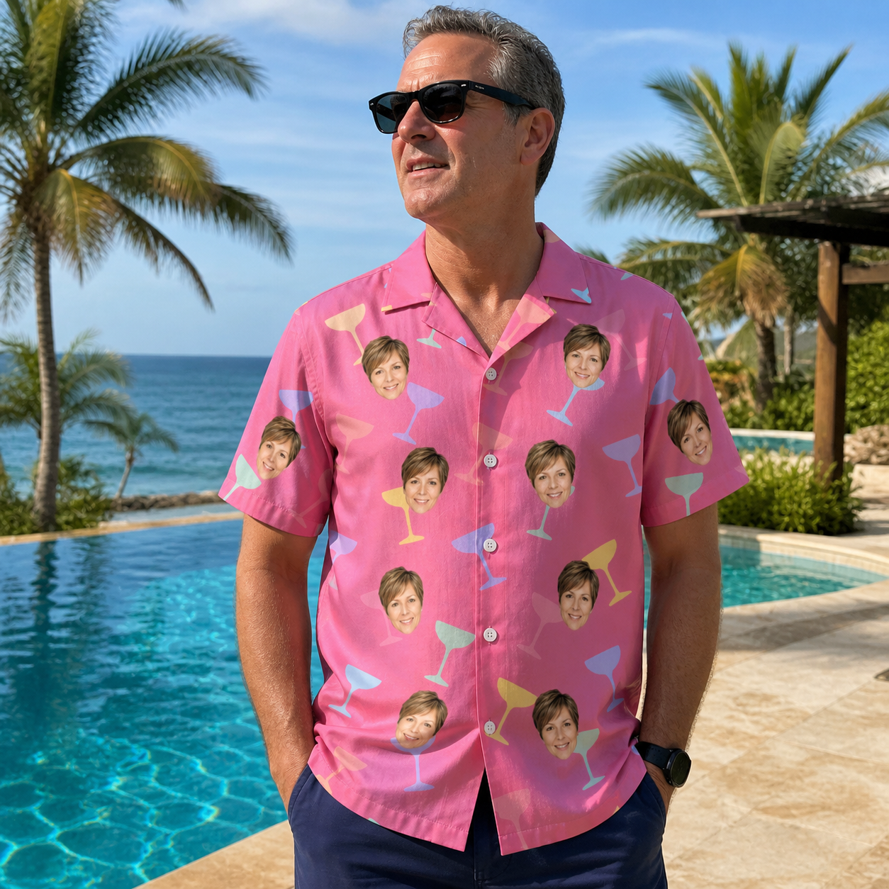 Real-life photo of someone wearing Men's Prosecco Pizzazz Custom Face Hawaiian Shirt — custom faces printed all-over