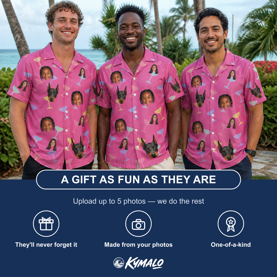Friends in matching Men's Prosecco Pizzazz Custom Face Hawaiian Shirt — a group gift photo