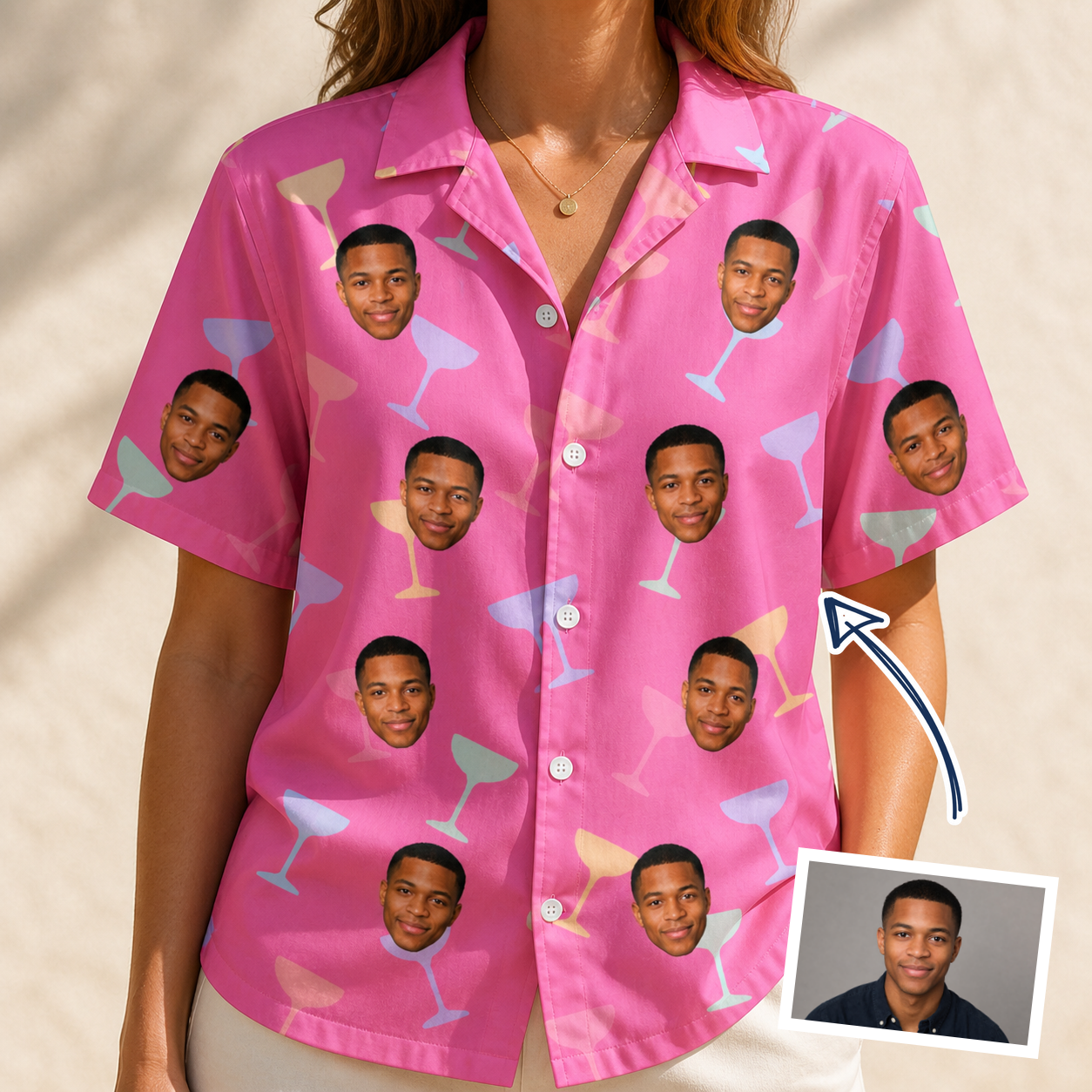 Woman wearing Women's Prosecco Pizzazz Custom Face Hawaiian Shirt — custom faces printed all-over