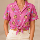 Woman wearing Women's Prosecco Pizzazz Custom Face Hawaiian Shirt tied at the waist