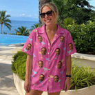 Real-life photo of someone wearing Women's Prosecco Pizzazz Custom Face Hawaiian Shirt — custom faces printed all-over