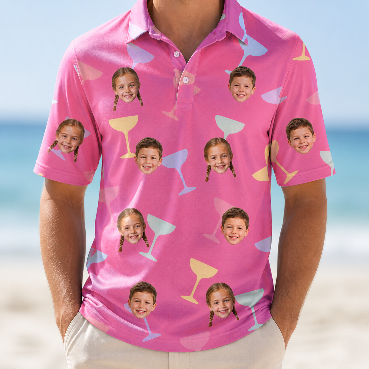 Model wearing Men's Prosecco Pizzazz Custom Face Polo Shirt printed with kids' faces