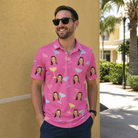 Real-life photo of someone wearing Men's Prosecco Pizzazz Custom Face Polo Shirt — custom faces printed all-over