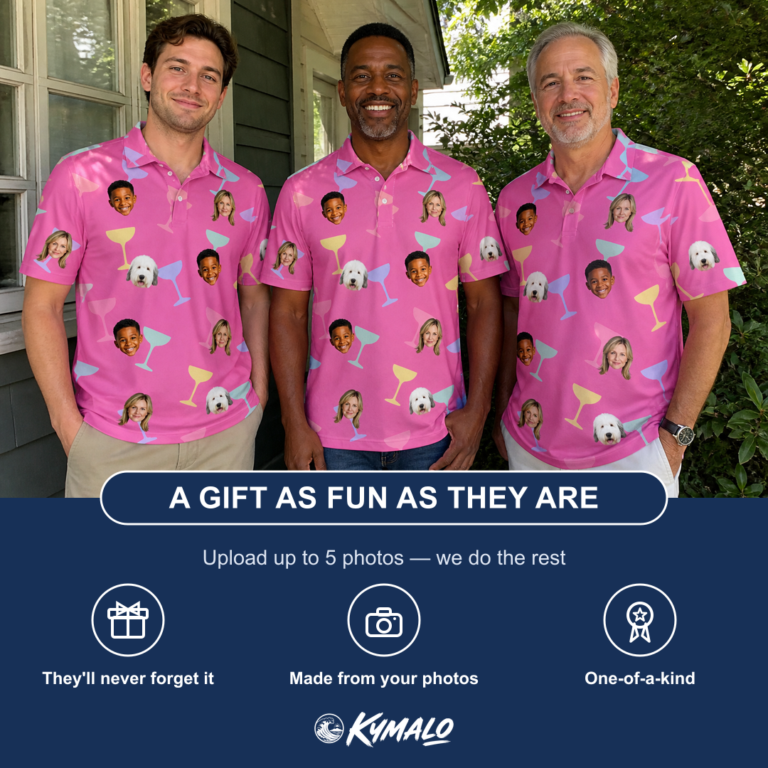 Friends in matching Men's Prosecco Pizzazz Custom Face Polo Shirt — a group gift photo