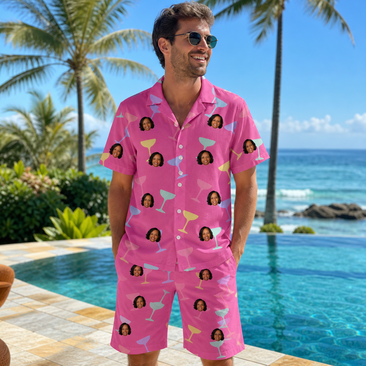 Real-life photo of someone wearing Men's Prosecco Pizzazz Custom Face Shirt & Shorts Set — custom faces printed all-over