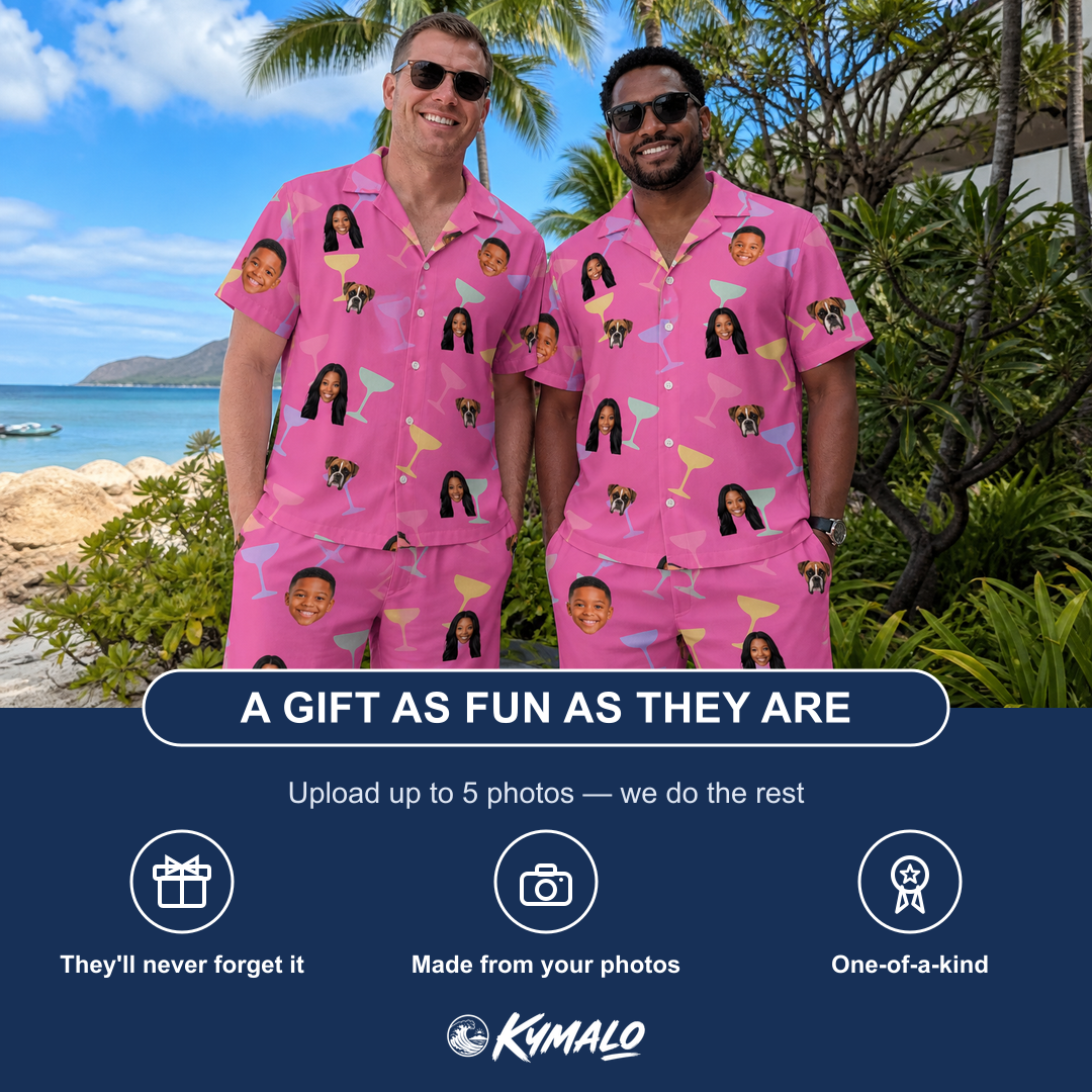 Friends in matching Men's Prosecco Pizzazz Custom Face Shirt & Shorts Set — a group gift photo