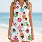 Model wearing Women's Strobe Sweethearts Custom Face V-Neck Dress printed with kids' faces