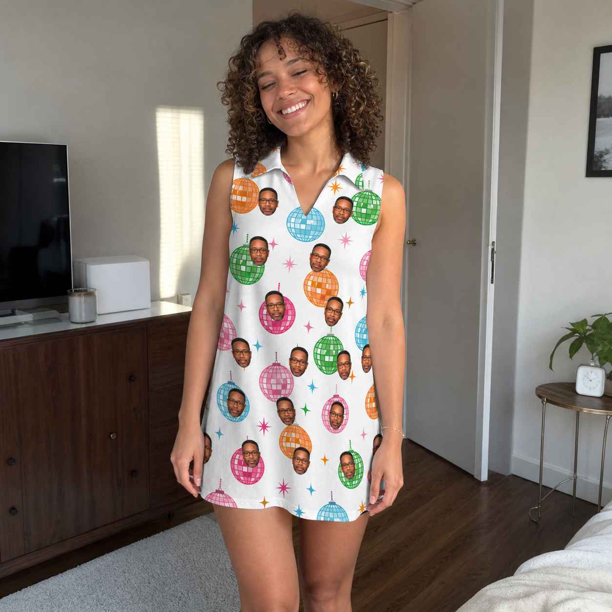 Real-life photo of someone wearing Women's Strobe Sweethearts Custom Face V-Neck Dress — custom faces printed all-over