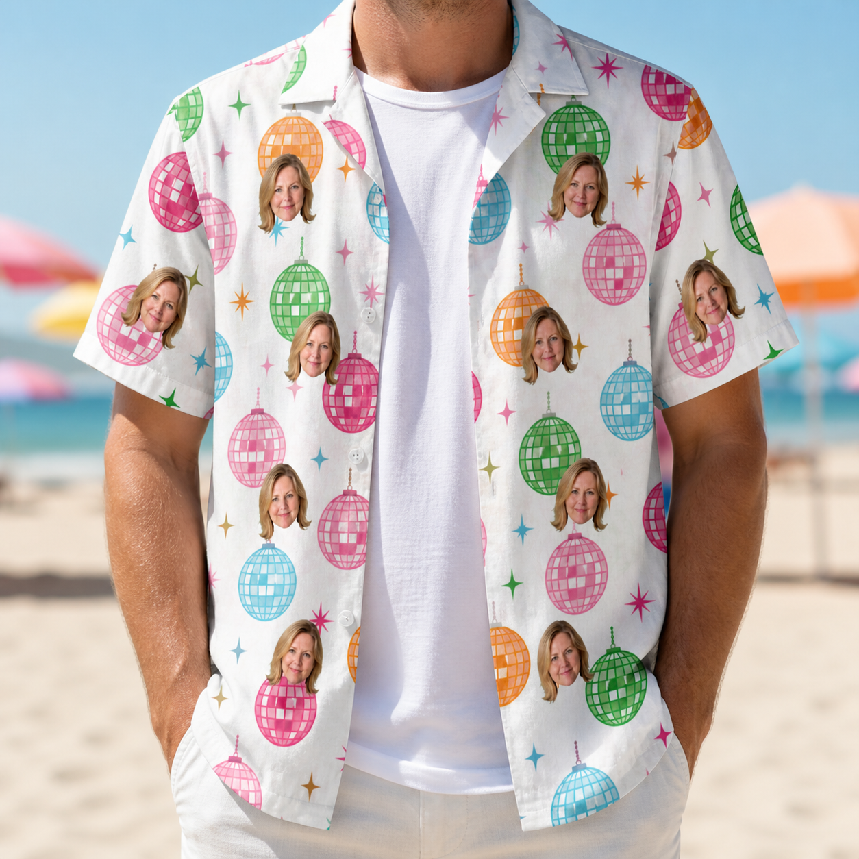 Man wearing Men's Strobe Sweethearts Custom Face Hawaiian Shirt open over a white tee