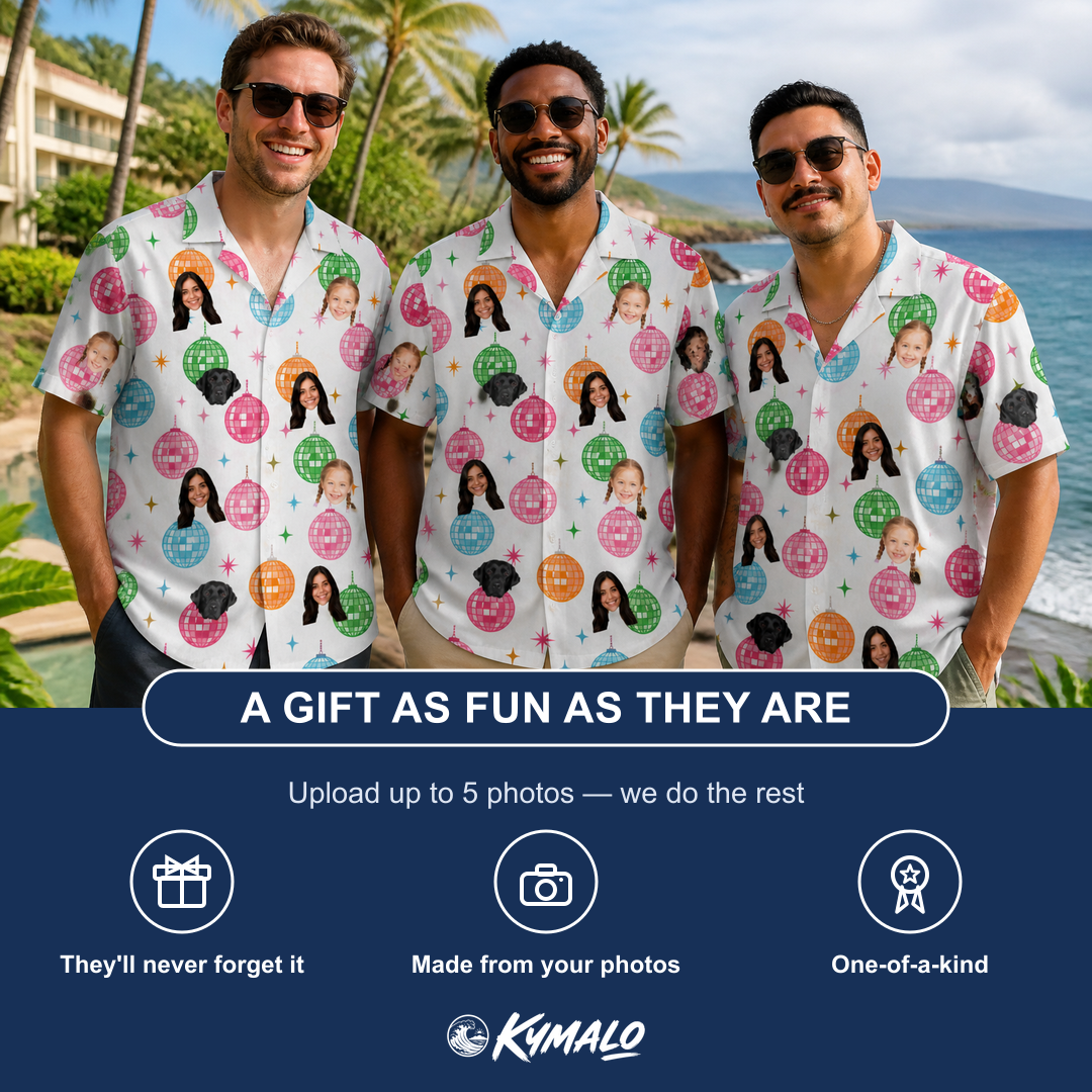 Friends in matching Men's Strobe Sweethearts Custom Face Hawaiian Shirt — a group gift photo
