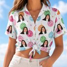 Woman wearing Women's Strobe Sweethearts Custom Face Hawaiian Shirt tied at the waist