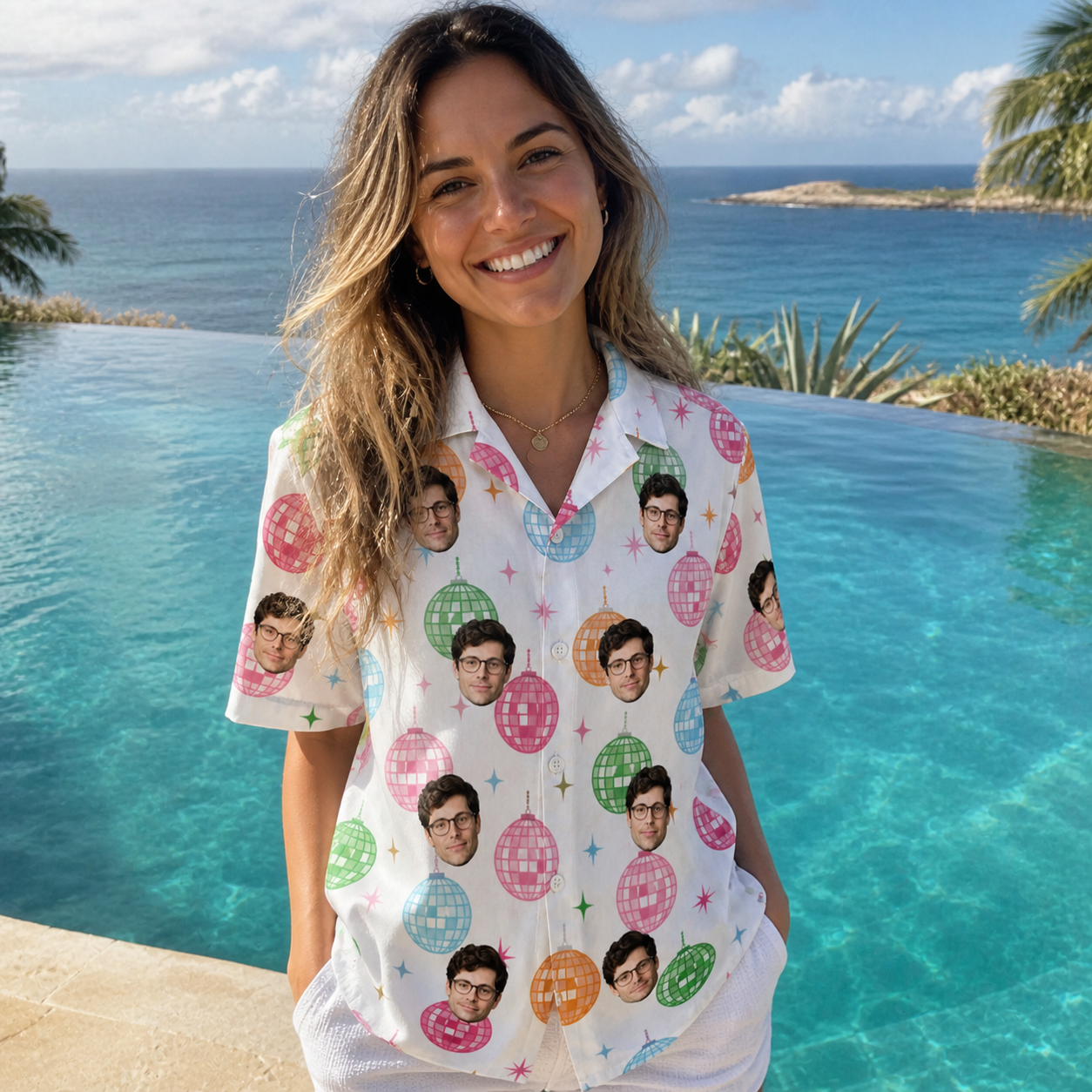 Real-life photo of someone wearing Women's Strobe Sweethearts Custom Face Hawaiian Shirt — custom faces printed all-over