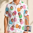 Man wearing Men's Strobe Sweethearts Custom Face Polo Shirt — custom faces printed all-over