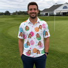 Real-life photo of someone wearing Men's Strobe Sweethearts Custom Face Polo Shirt — custom faces printed all-over