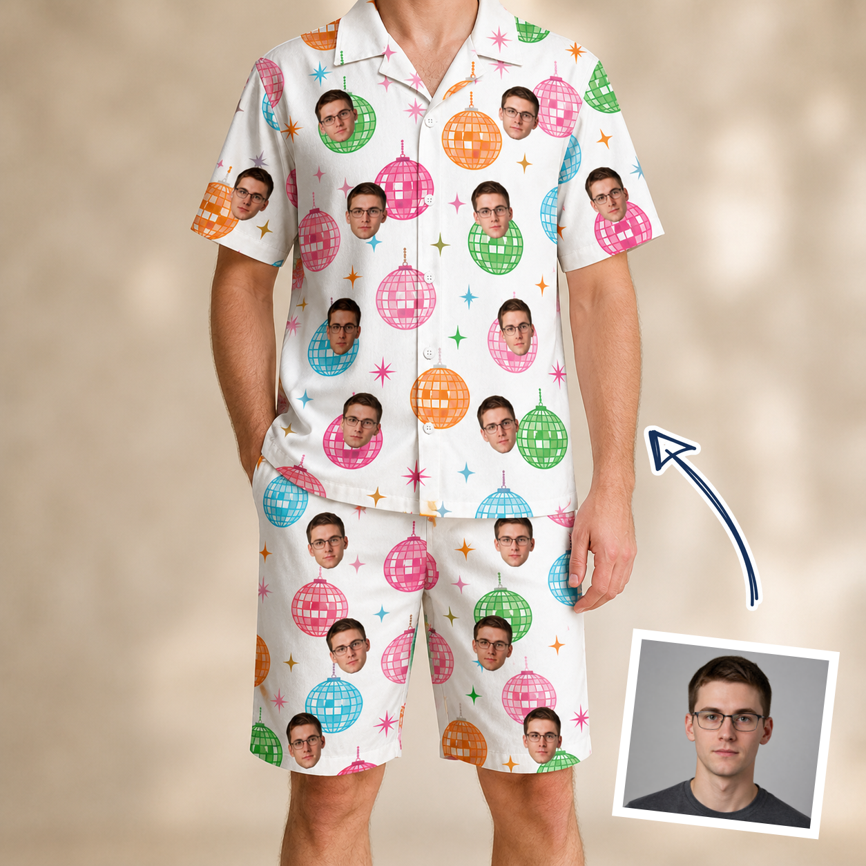 Man wearing Men's Strobe Sweethearts Custom Face Shirt & Shorts Set — custom faces printed all-over