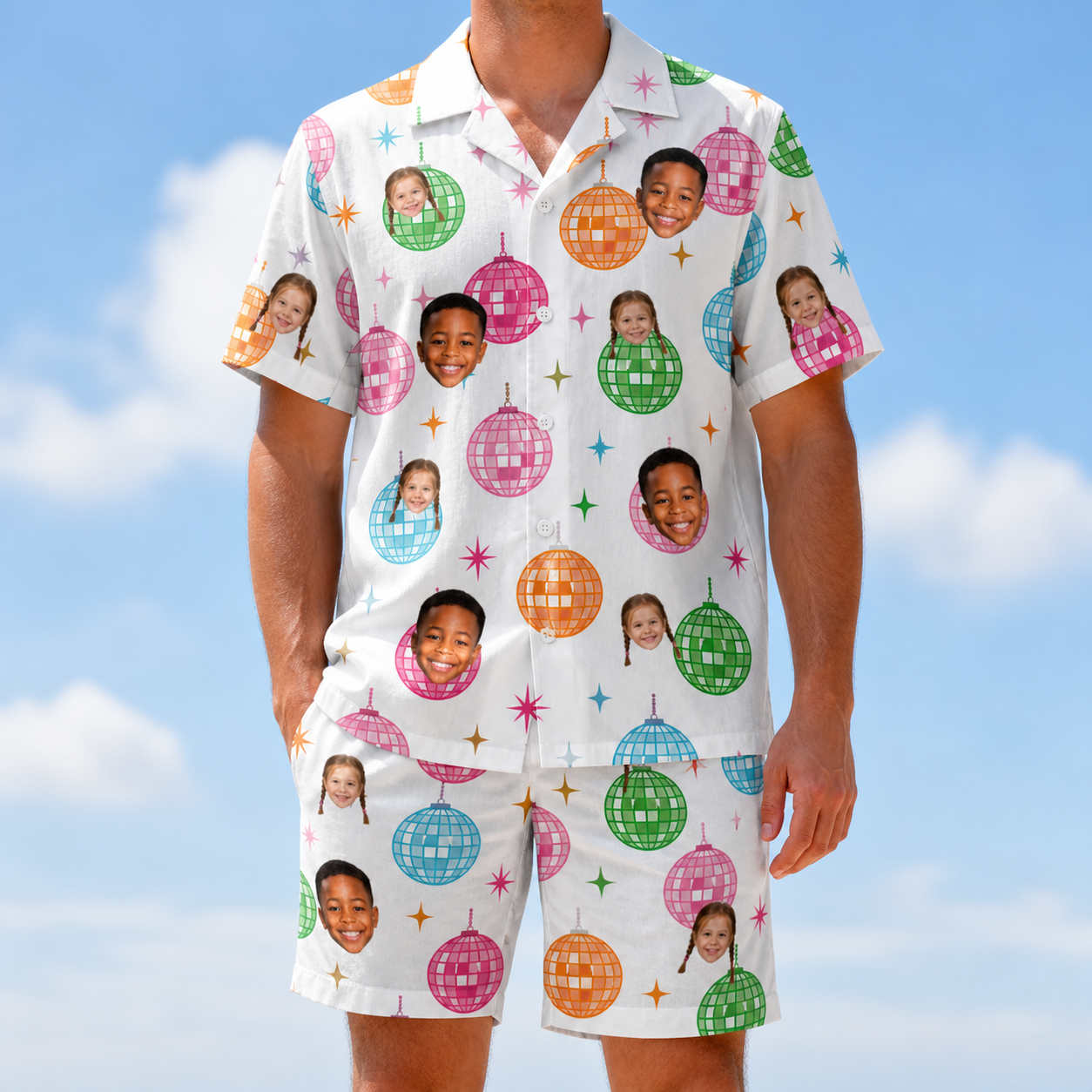 Model wearing Men's Strobe Sweethearts Custom Face Shirt & Shorts Set printed with kids' faces