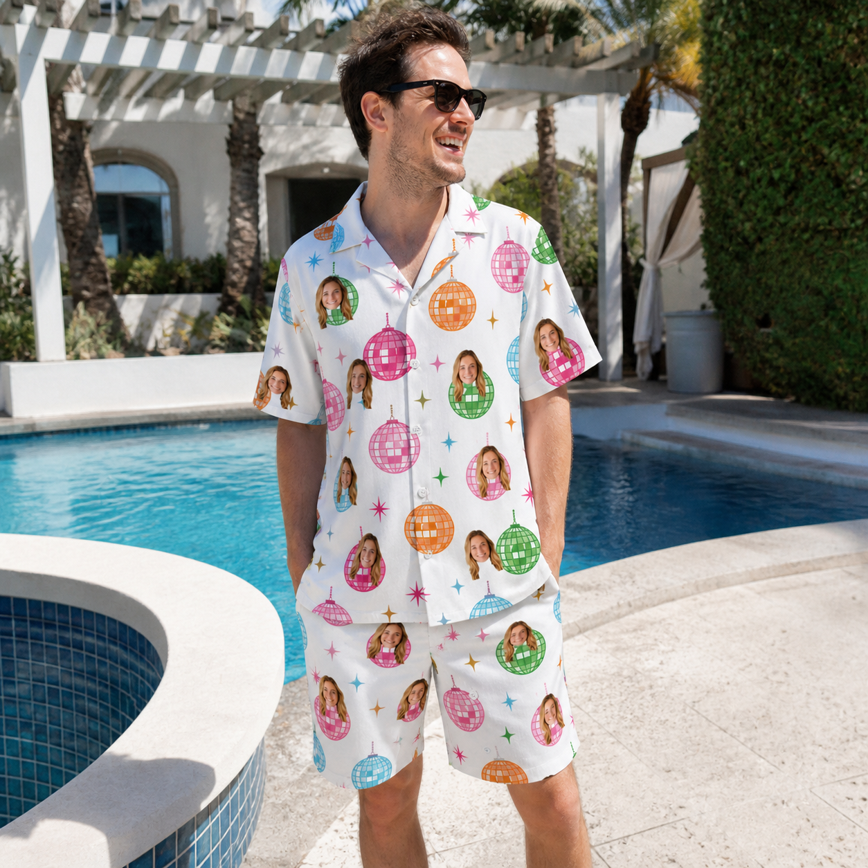 Real-life photo of someone wearing Men's Strobe Sweethearts Custom Face Shirt & Shorts Set — custom faces printed all-over