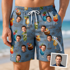 Man wearing Men's Agave Affair Custom Face Beach Shorts — custom faces printed all-over