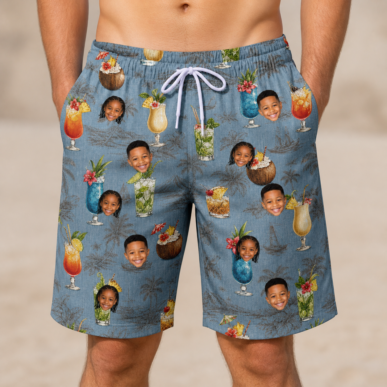Model wearing Men's Agave Affair Custom Face Beach Shorts printed with kids' faces