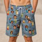 Model wearing Men's Agave Affair Custom Face Beach Shorts printed with kids' faces