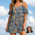 Woman wearing Women's Agave Affair Custom Face Off-Shoulder Dress — custom faces printed all-over