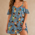 Model wearing Women's Agave Affair Custom Face Off-Shoulder Dress printed with kids' faces