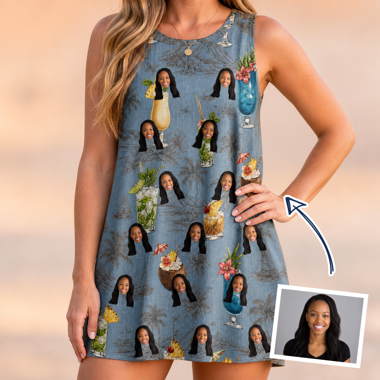 Woman wearing Women's Agave Affair Custom Face Tank Dress — custom faces printed all-over