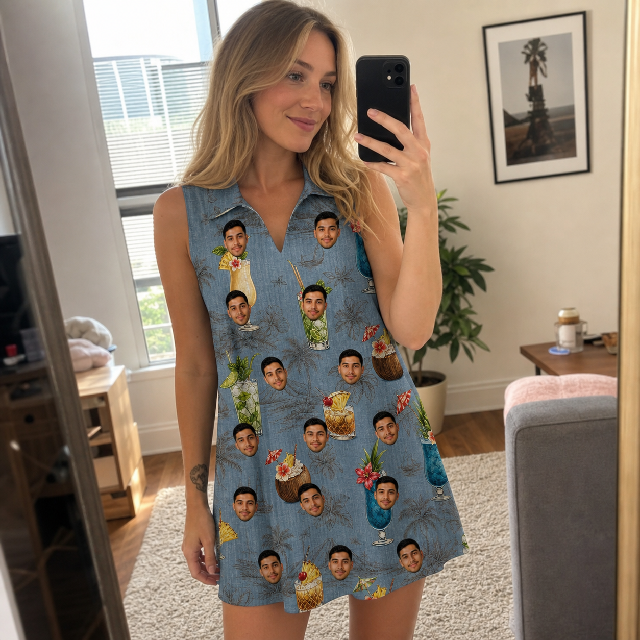 Real-life photo of someone wearing Women's Agave Affair Custom Face V-Neck Dress — custom faces printed all-over