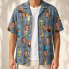Man wearing Men's Agave Affair Custom Face Hawaiian Shirt open over a white tee