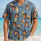 Model wearing Men's Agave Affair Custom Face Hawaiian Shirt printed with kids' faces