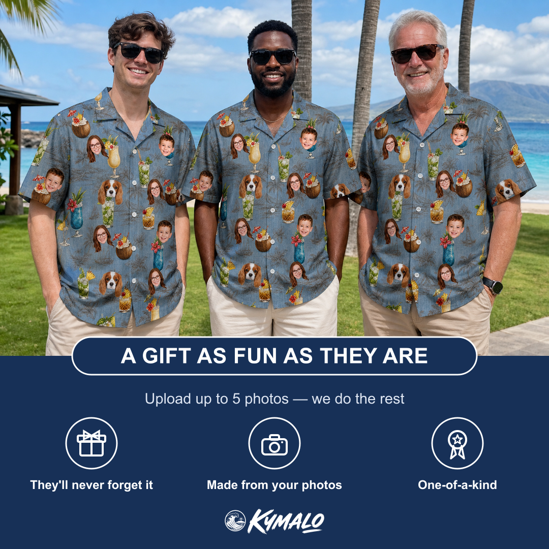 Friends in matching Men's Agave Affair Custom Face Hawaiian Shirt — a group gift photo