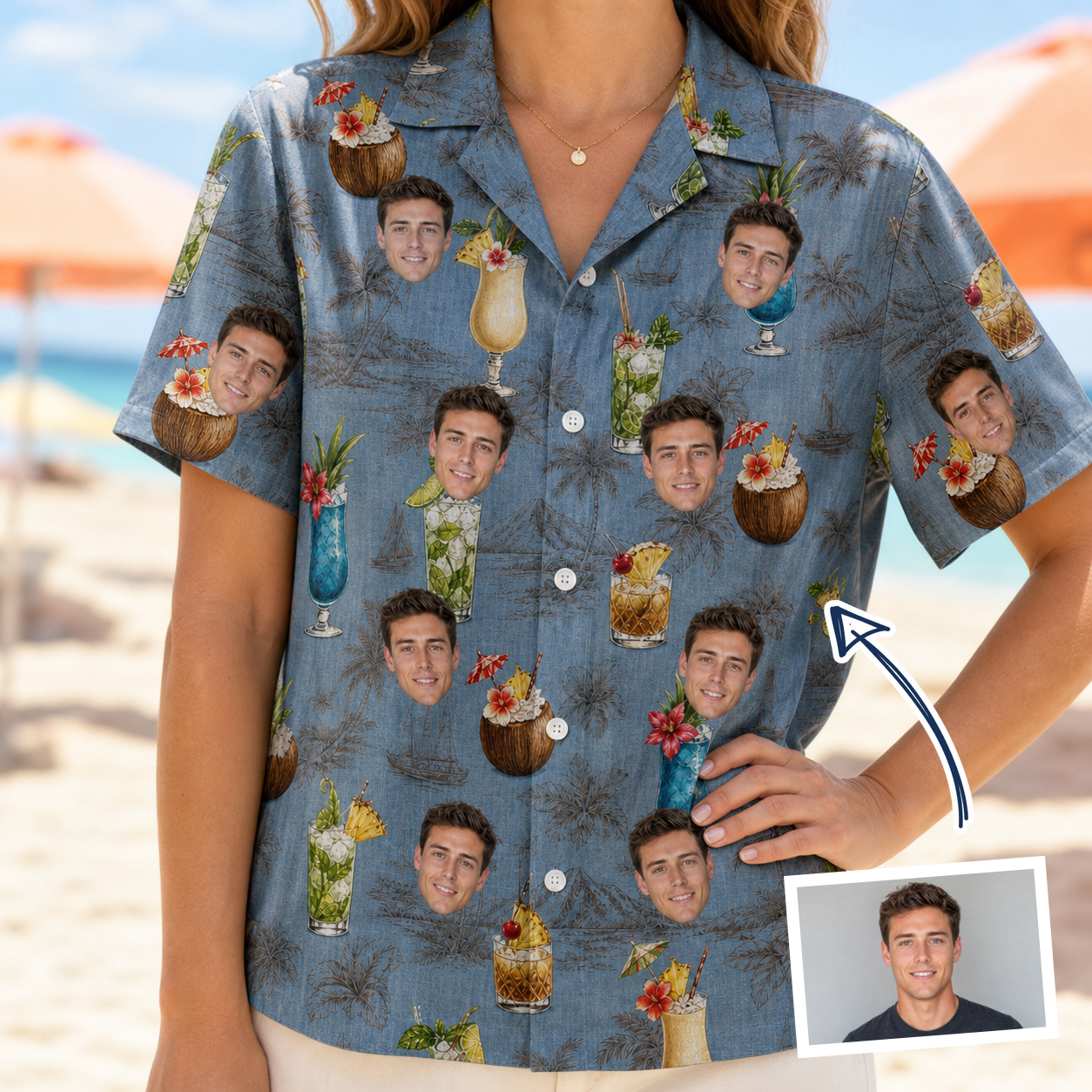 Woman wearing Women's Agave Affair Custom Face Hawaiian Shirt — custom faces printed all-over
