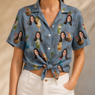 Woman wearing Women's Agave Affair Custom Face Hawaiian Shirt tied at the waist