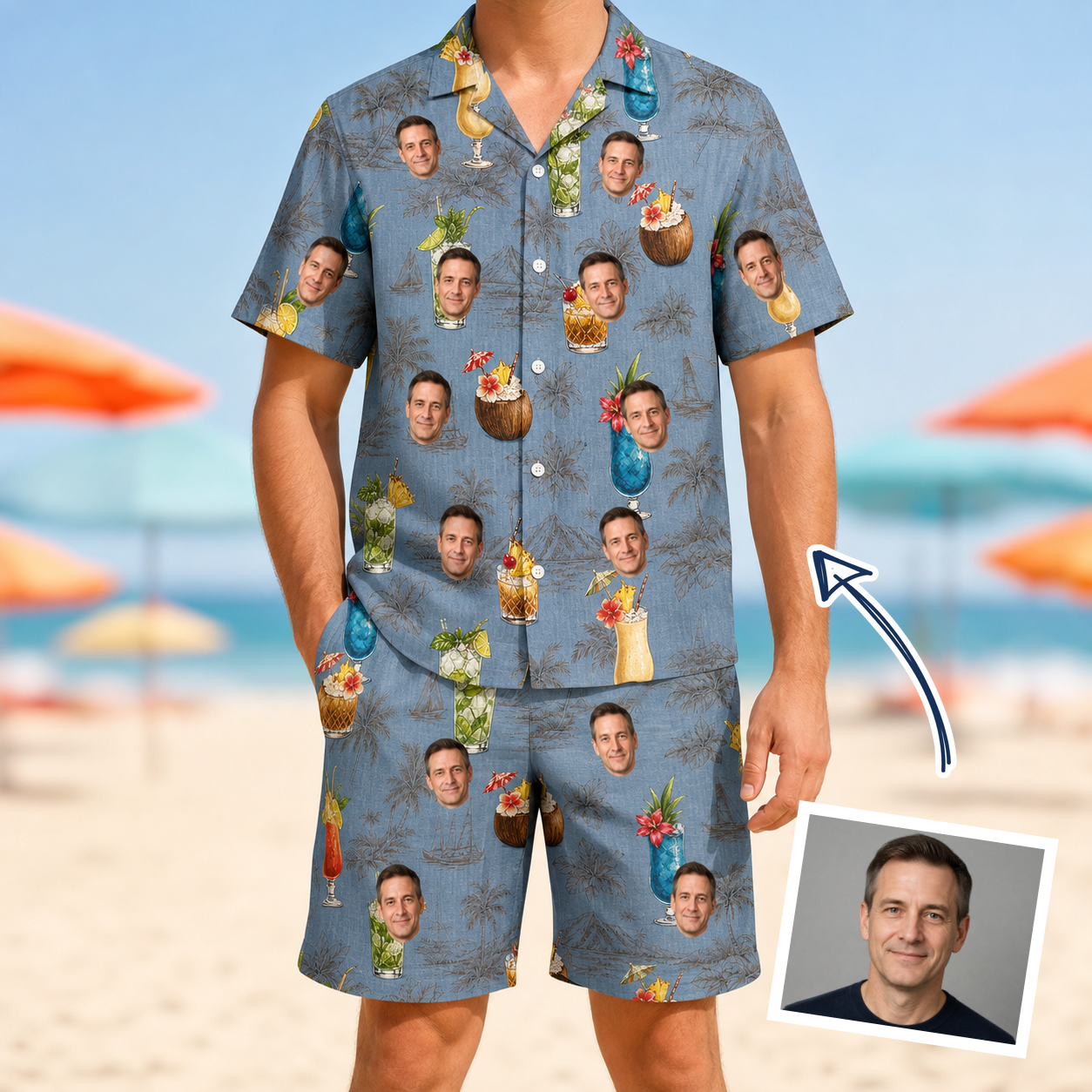 Man wearing Men's Agave Affair Custom Face Shirt & Shorts Set — custom faces printed all-over
