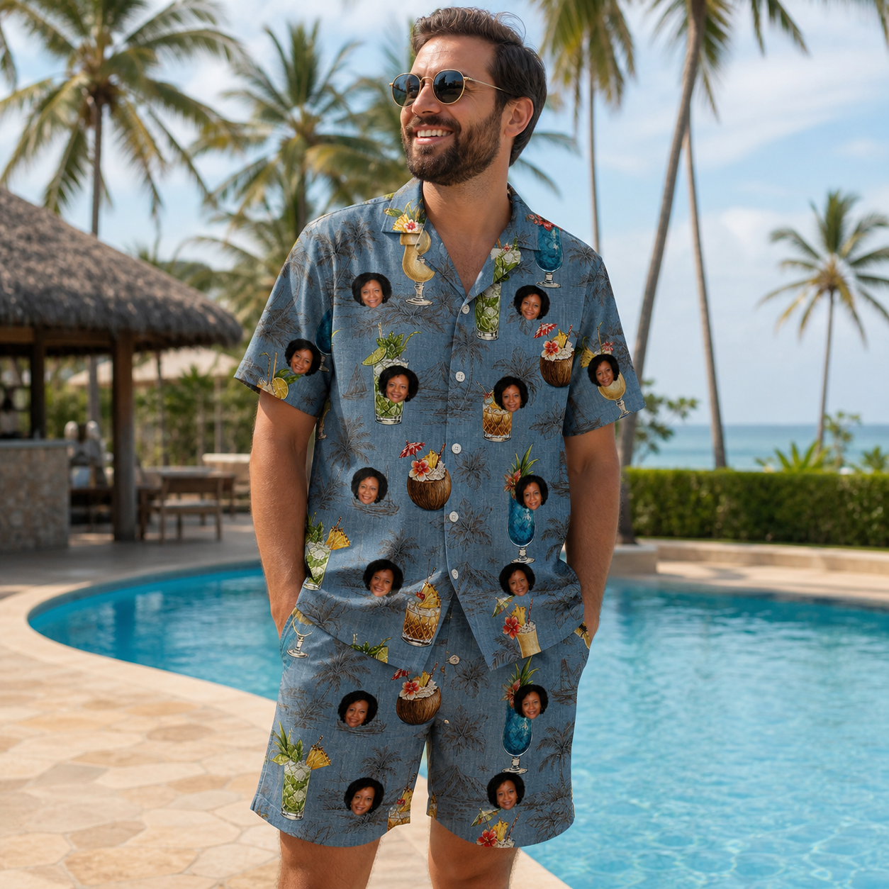 Real-life photo of someone wearing Men's Agave Affair Custom Face Shirt & Shorts Set — custom faces printed all-over