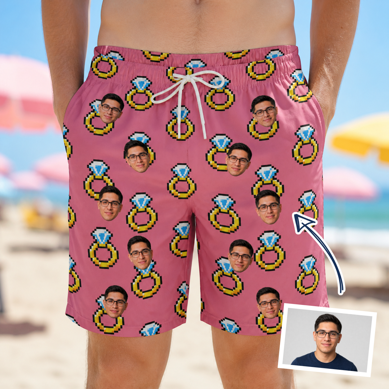 Man wearing Men's Jewel Jitters Custom Face Beach Shorts — custom faces printed all-over
