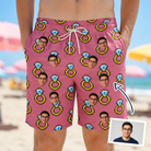 Man wearing Men's Jewel Jitters Custom Face Beach Shorts — custom faces printed all-over