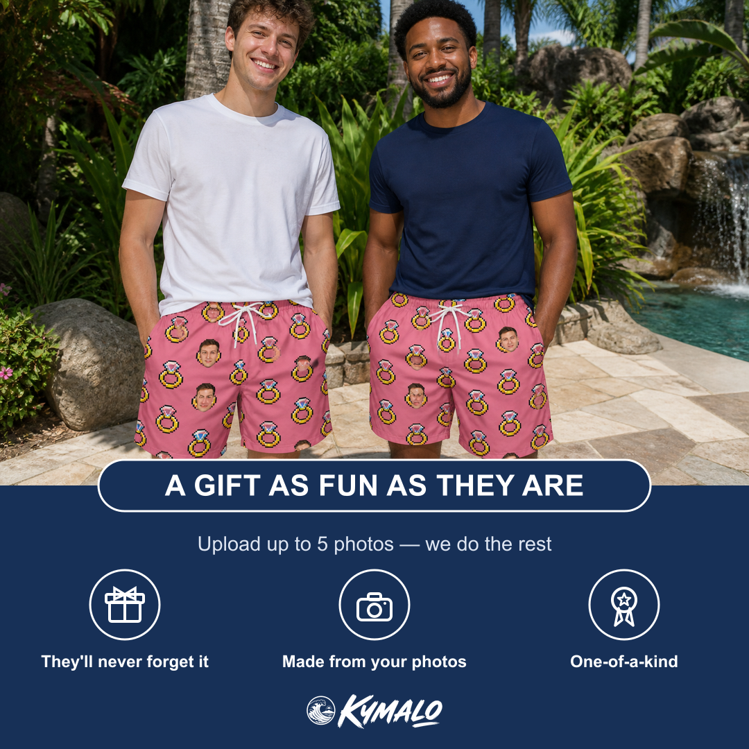 Friends in matching Men's Jewel Jitters Custom Face Beach Shorts — a group gift photo