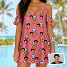 Woman wearing Women's Jewel Jitters Custom Face Off-Shoulder Dress — custom faces printed all-over