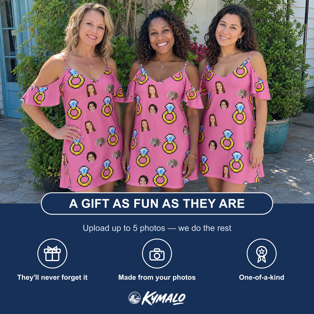 Friends in matching Women's Jewel Jitters Custom Face Off-Shoulder Dress — a group gift photo