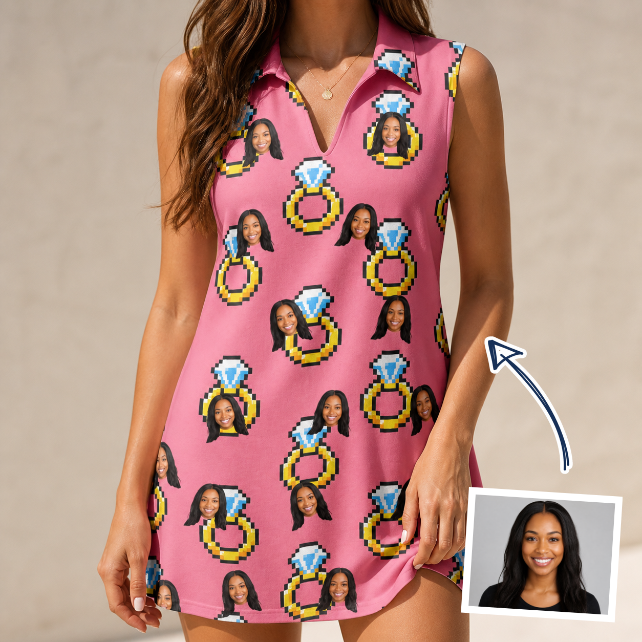 Woman wearing Women's Jewel Jitters Custom Face V-Neck Dress — custom faces printed all-over